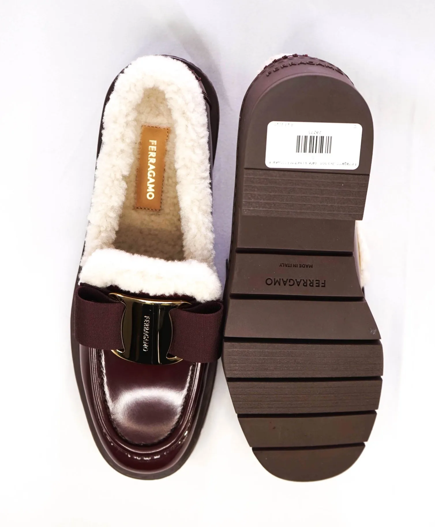 $1,190 Ferragamo Vara Bow Genuine Shearling Lined Loafer 6 C