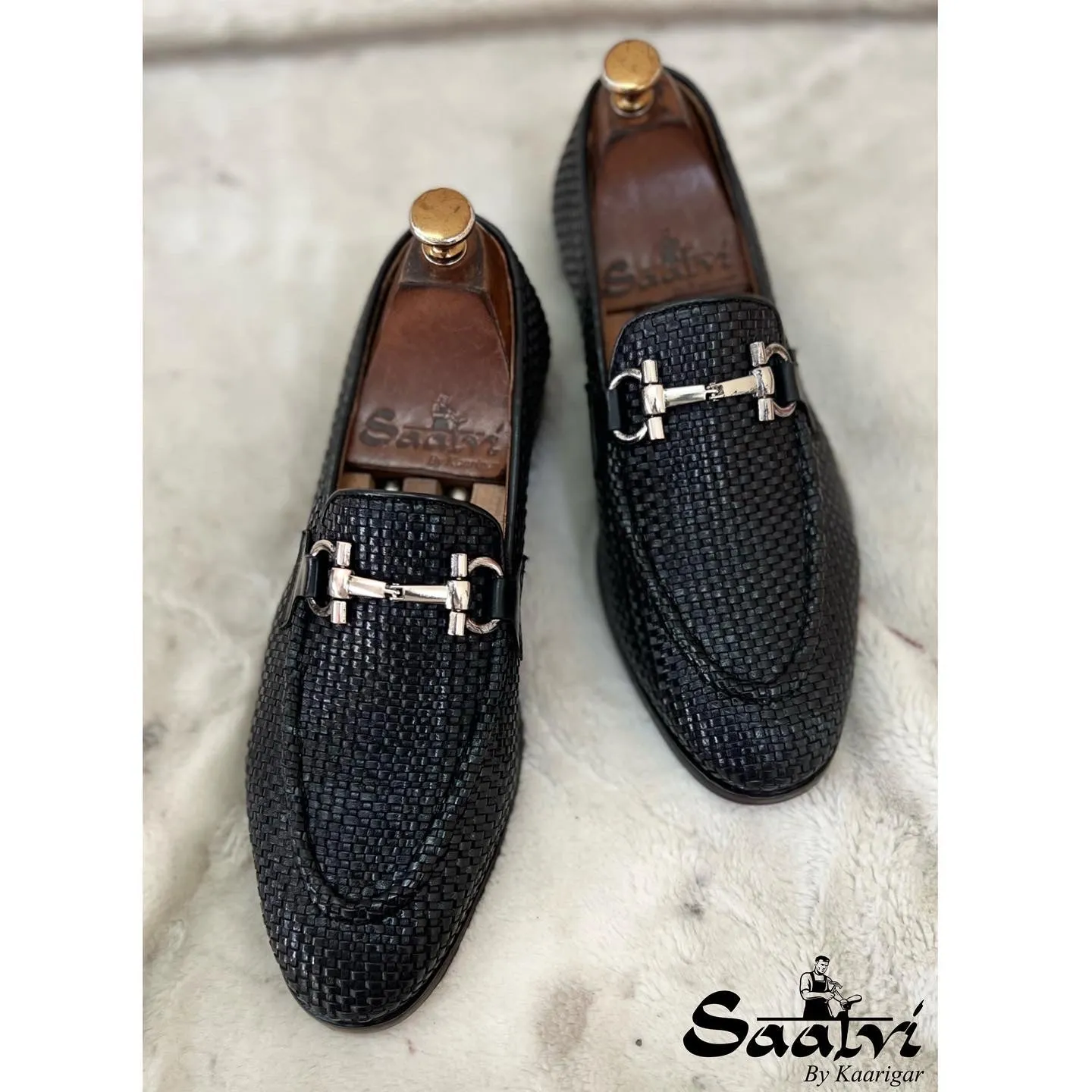 Black Hand Woven Loafers With Silver Metal Trim
