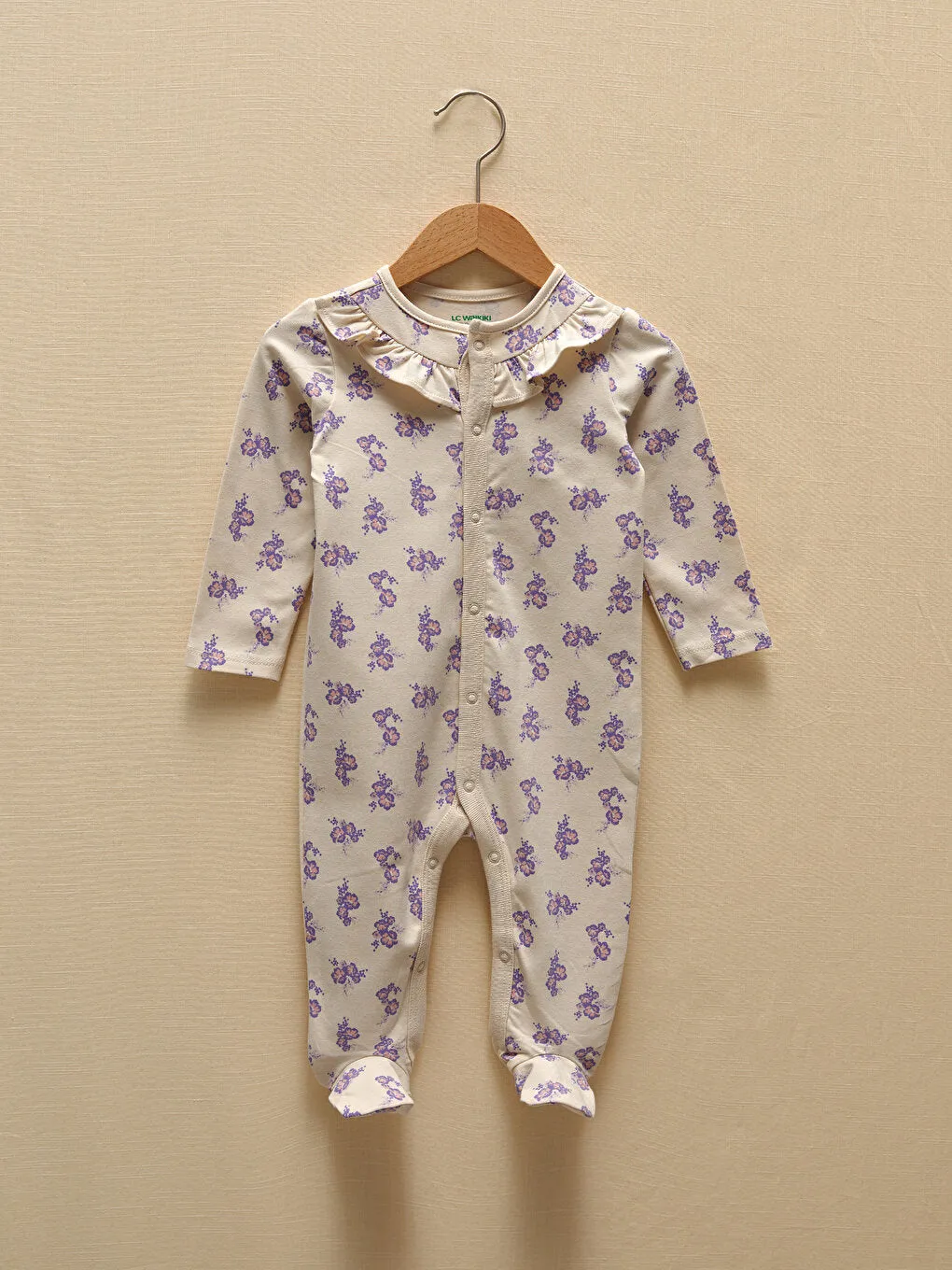 Bıorganic Crew Neck Long Sleeve Printed Organic Cotton Baby Girl Jumpsuit