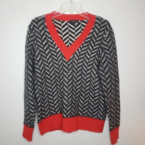 Chevron V-Neck Sweater - Black and Red