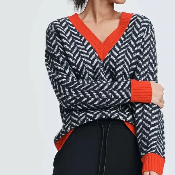 Chevron V-Neck Sweater - Black and Red