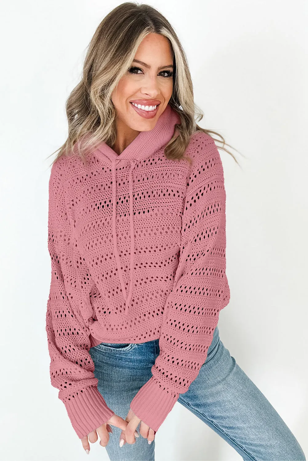 Chic Pointelle Knit Hoodie with Cozy Raglan Sleeves