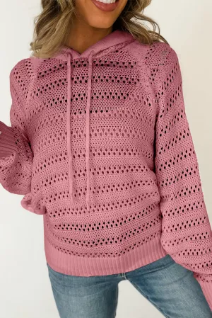 Chic Pointelle Knit Hoodie with Cozy Raglan Sleeves