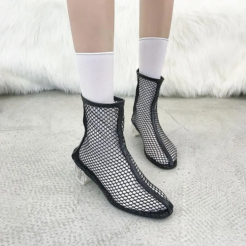 Clear Heel Fishnet Statement Booties