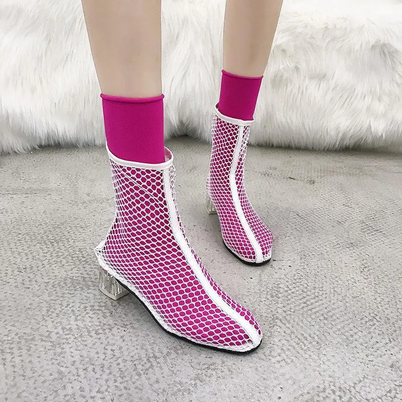 Clear Heel Fishnet Statement Booties