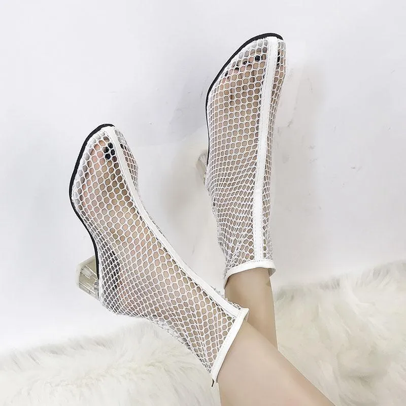Clear Heel Fishnet Statement Booties