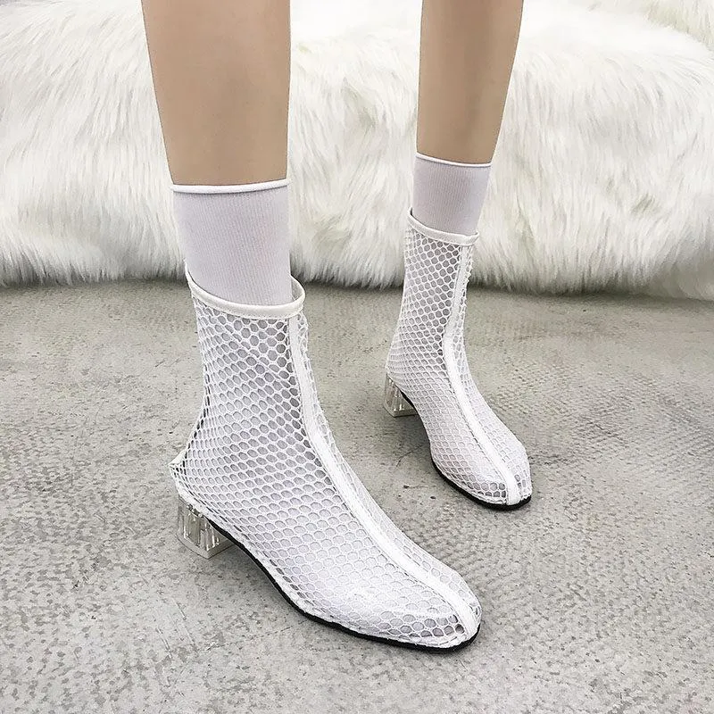 Clear Heel Fishnet Statement Booties