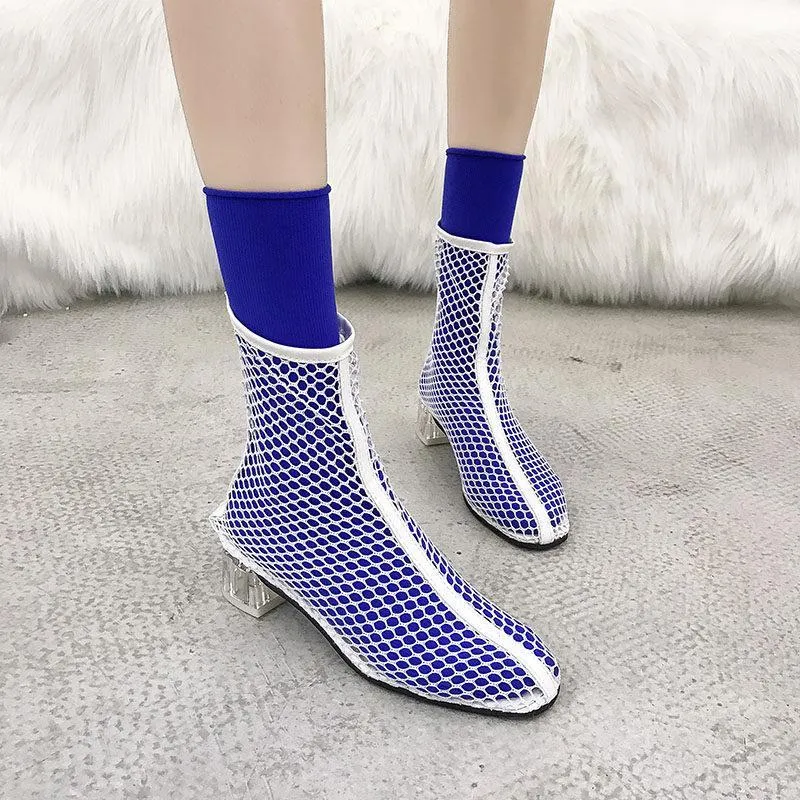 Clear Heel Fishnet Statement Booties