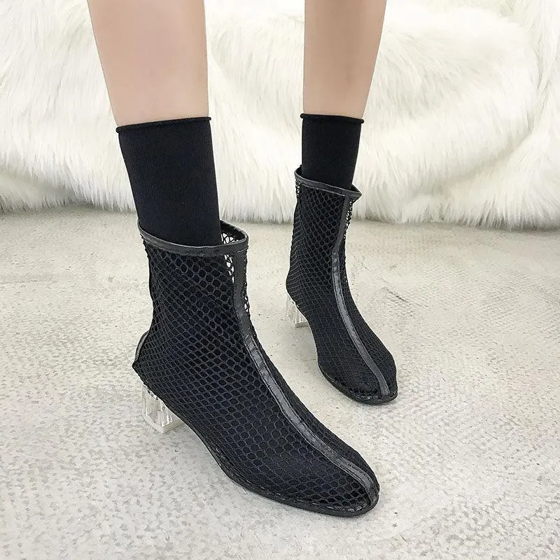 Clear Heel Fishnet Statement Booties