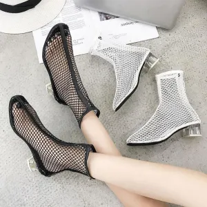 Clear Heel Fishnet Statement Booties