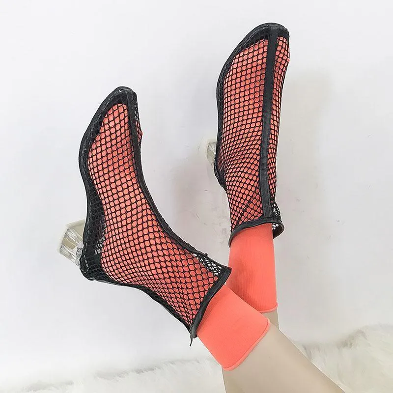 Clear Heel Fishnet Statement Booties