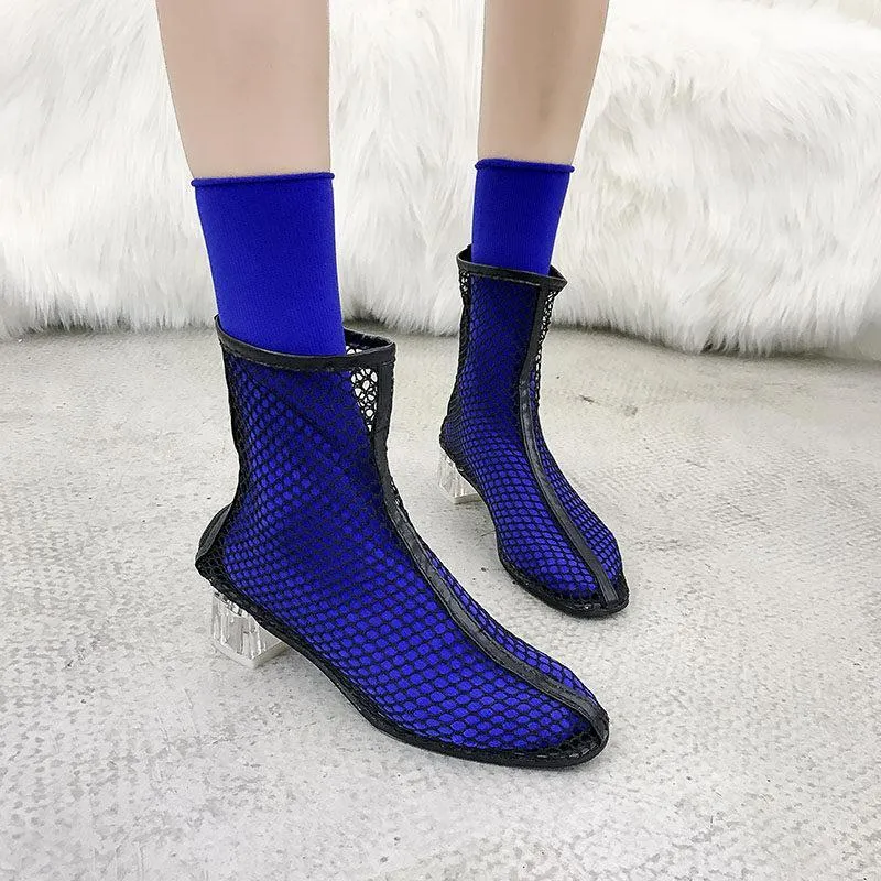 Clear Heel Fishnet Statement Booties