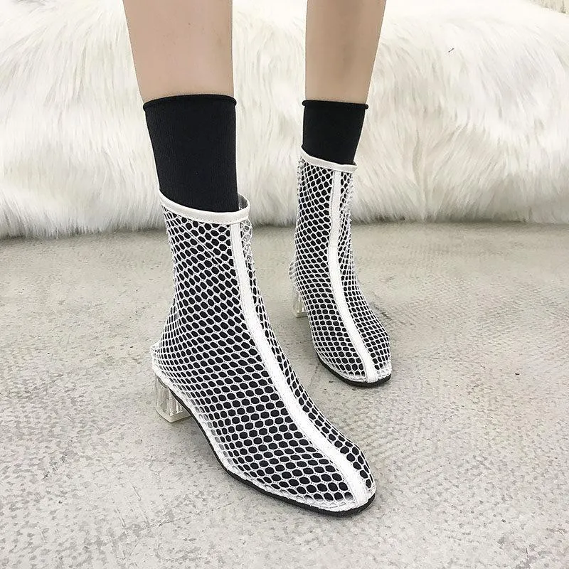 Clear Heel Fishnet Statement Booties