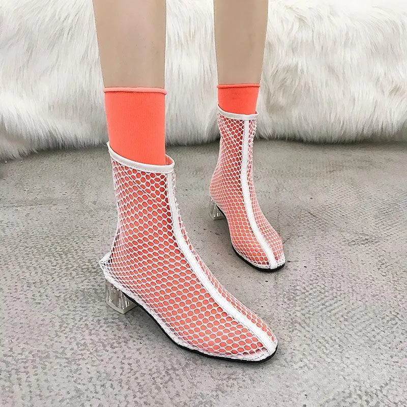 Clear Heel Fishnet Statement Booties