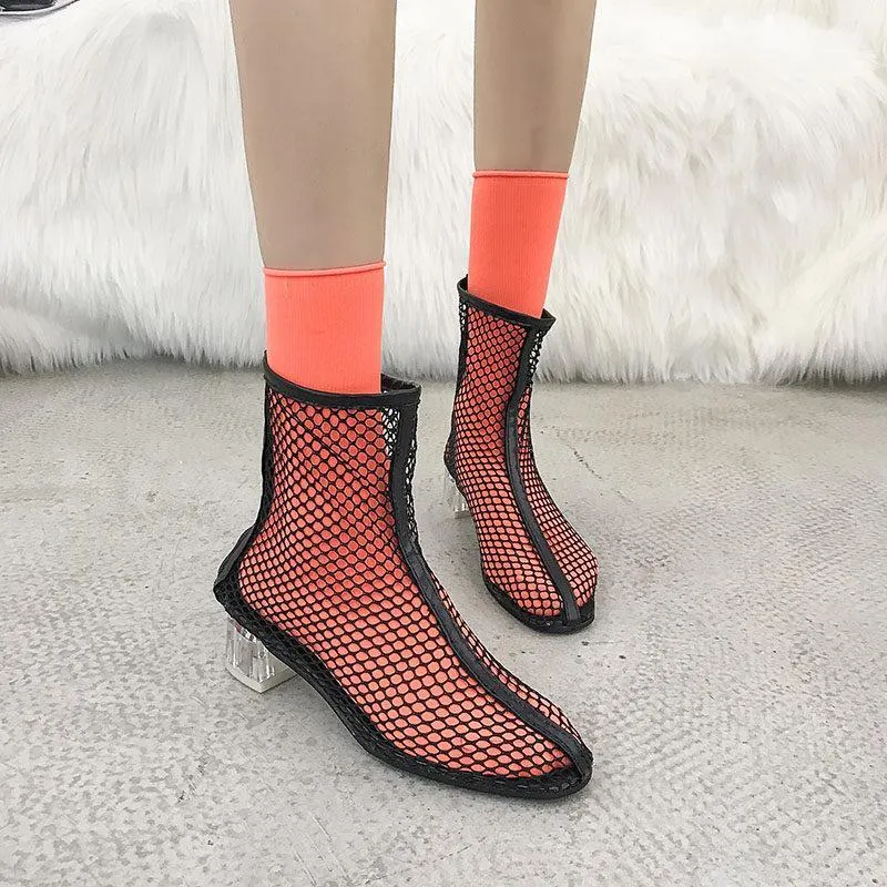 Clear Heel Fishnet Statement Booties
