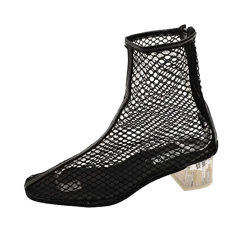 Clear Heel Fishnet Statement Booties