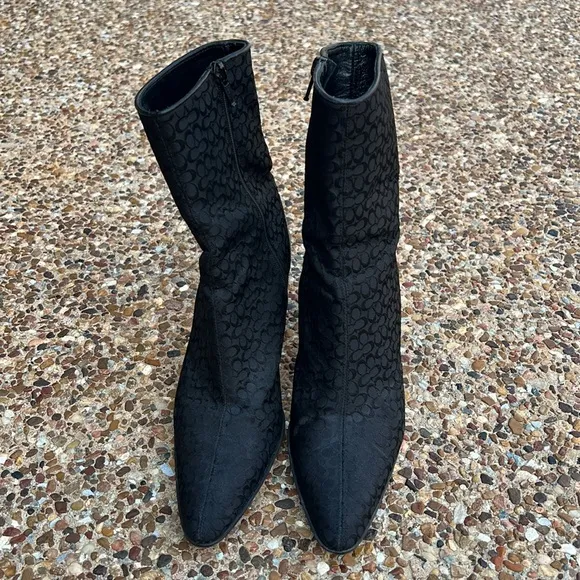 COACH Women Leather and Knit Black Sock Booties 3” Heel Made in Italy Size 7B