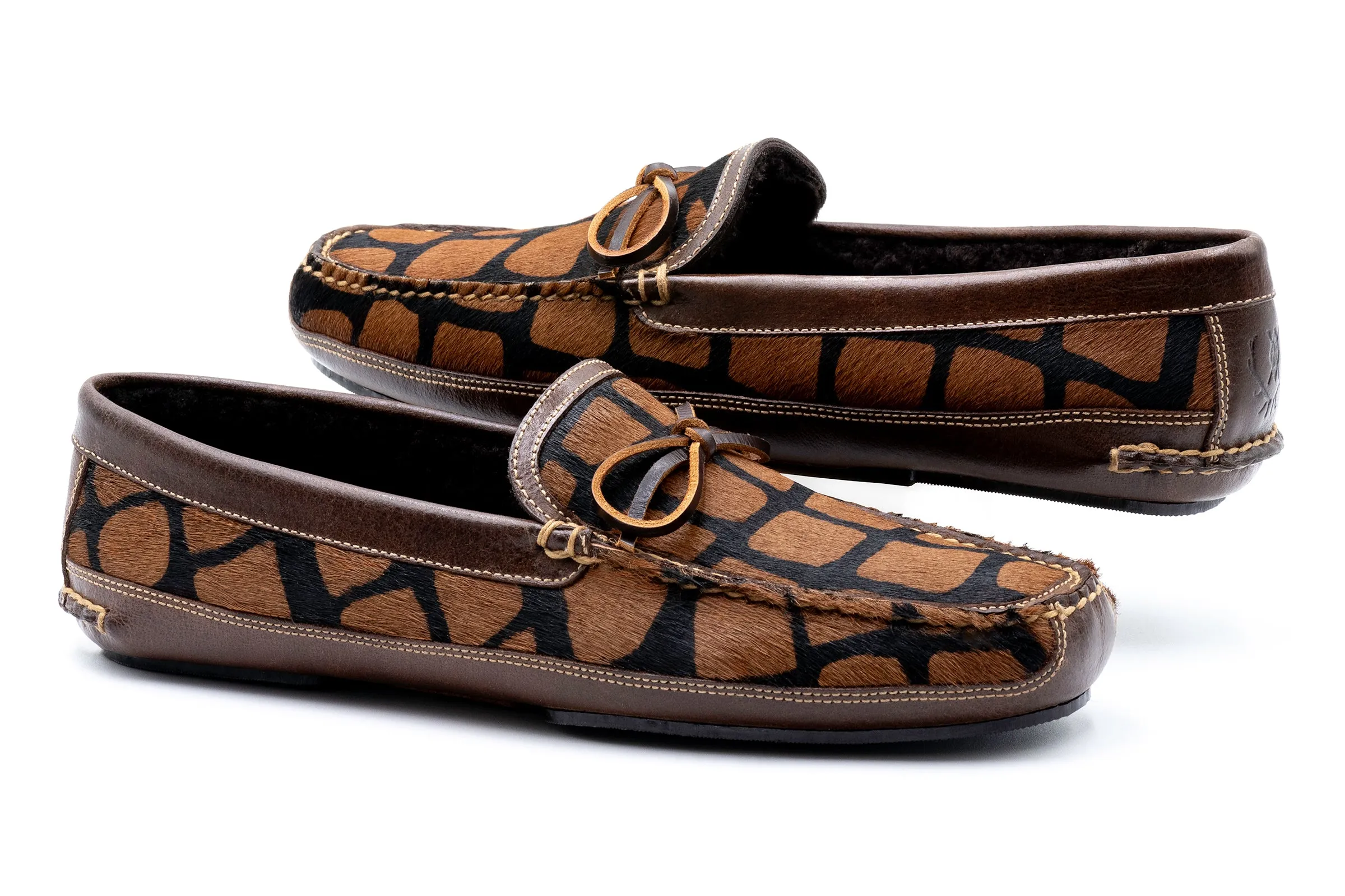 Cozy Country "Hair On" Leather Bow Tie Slippers - Giraffe