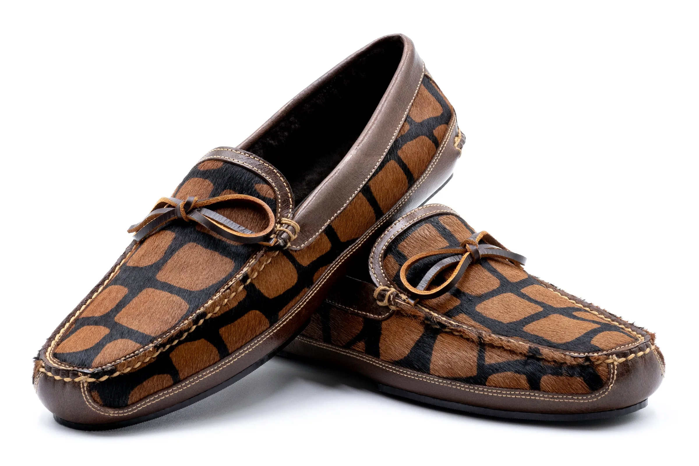 Cozy Country "Hair On" Leather Bow Tie Slippers - Giraffe