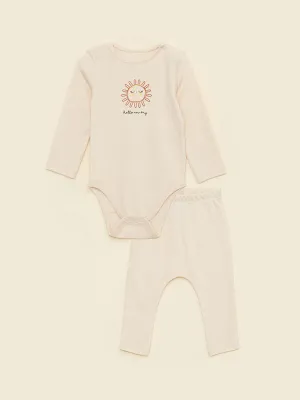 Crew Neck Long Sleeve Printed Organic Cotton Baby Girl Snap-On Body and Pants 2-Piece Set