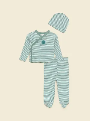 Envelope Collar Long Sleeve Striped Organic Cotton Baby Boy Hospital Discharge Set