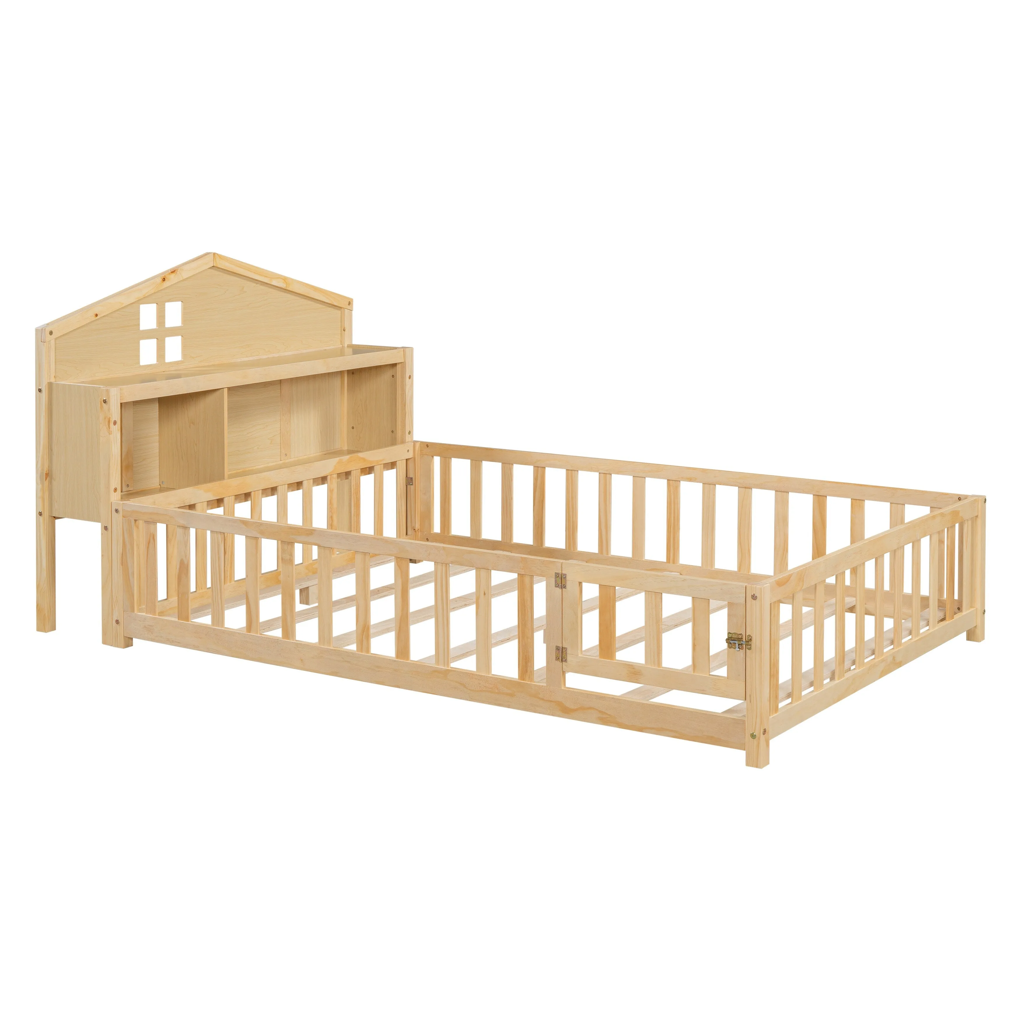 Full-Size Montessori Floor Bed with Bookcase, Blackboards and Guardrails, Solid Wood Platform Bed with Storage Headboard