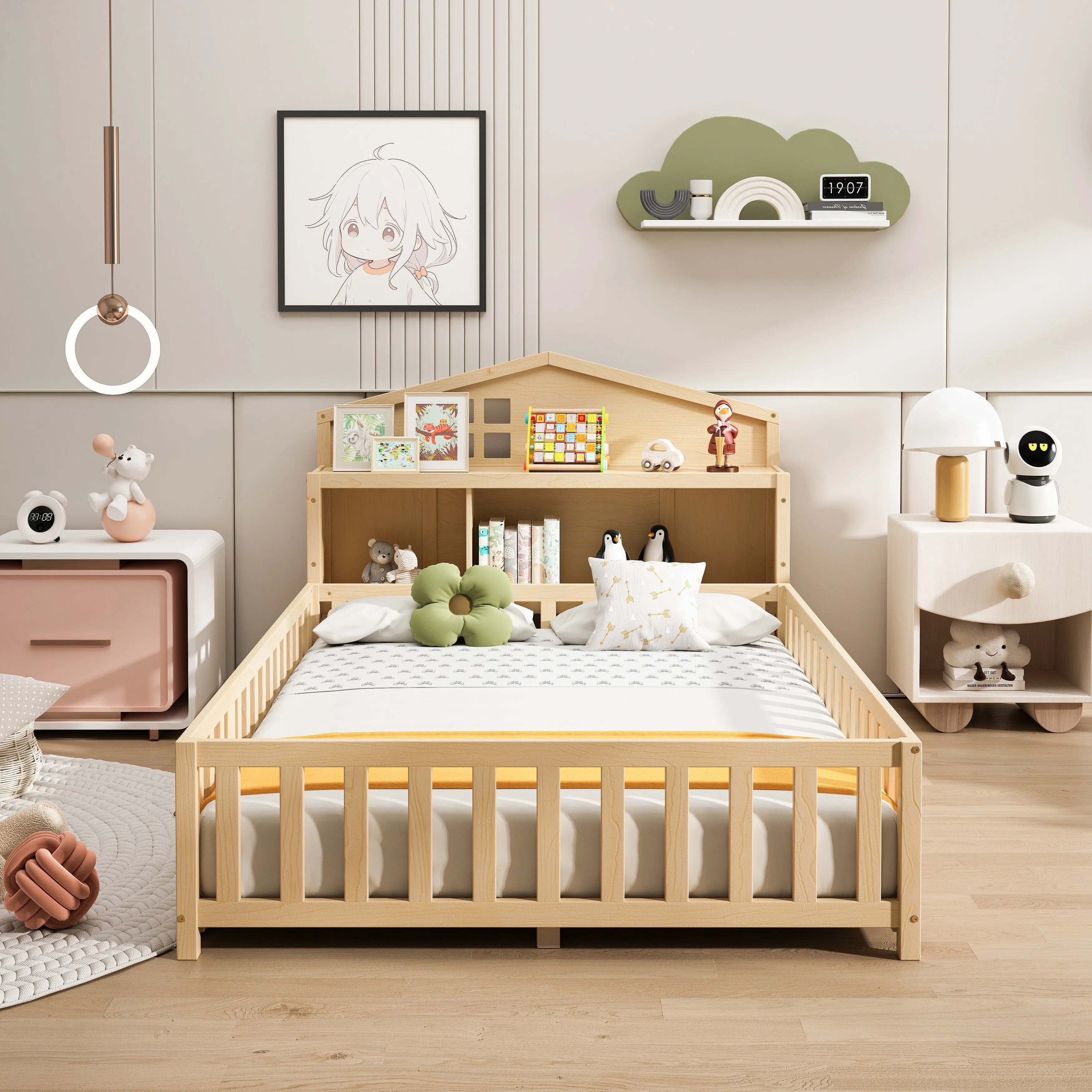 Full-Size Montessori Floor Bed with Bookcase, Blackboards and Guardrails, Solid Wood Platform Bed with Storage Headboard
