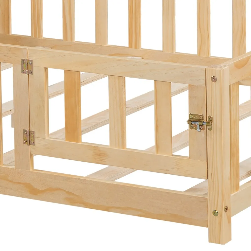 Full-Size Montessori Floor Bed with Bookcase, Blackboards and Guardrails, Solid Wood Platform Bed with Storage Headboard