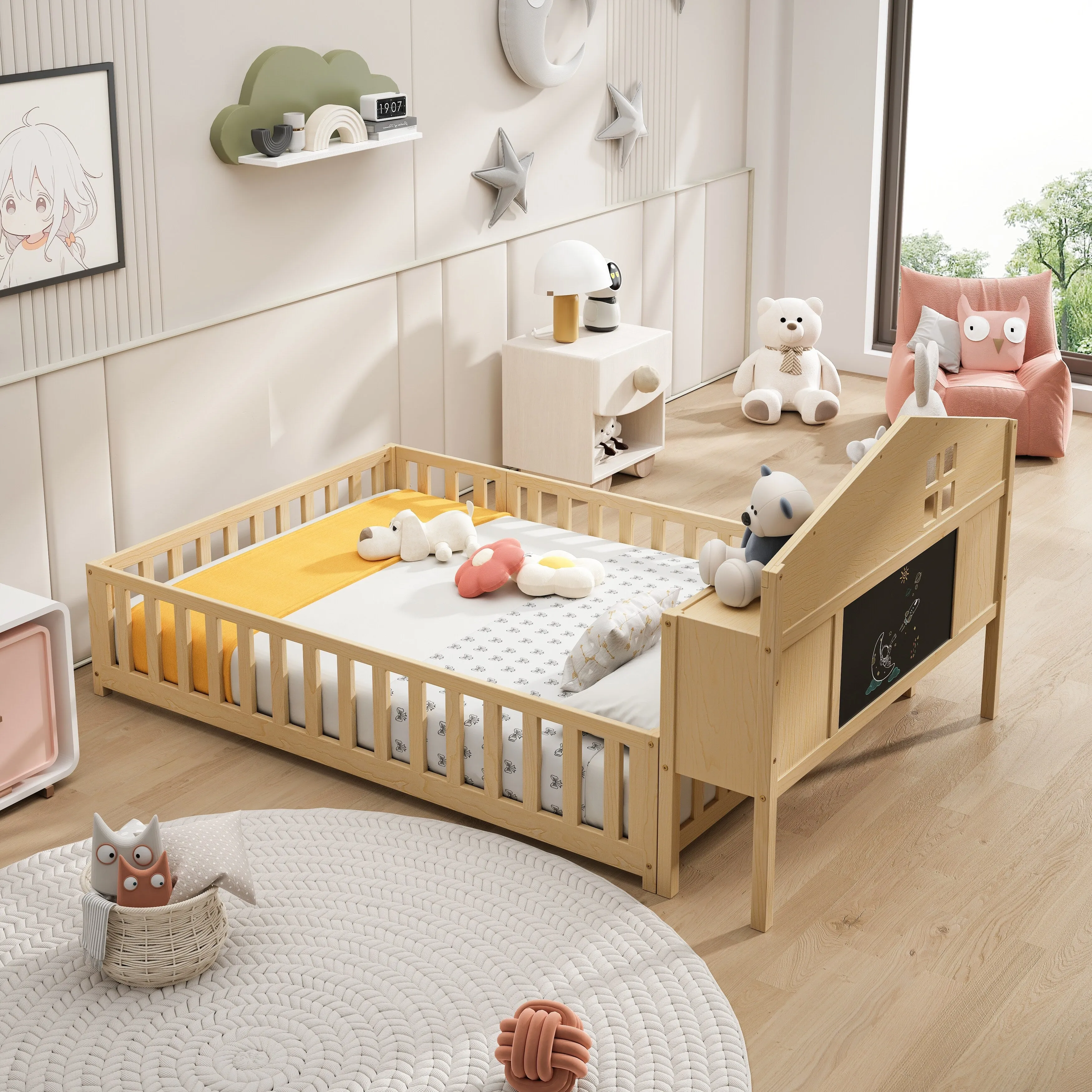 Full-Size Montessori Floor Bed with Bookcase, Blackboards and Guardrails, Solid Wood Platform Bed with Storage Headboard