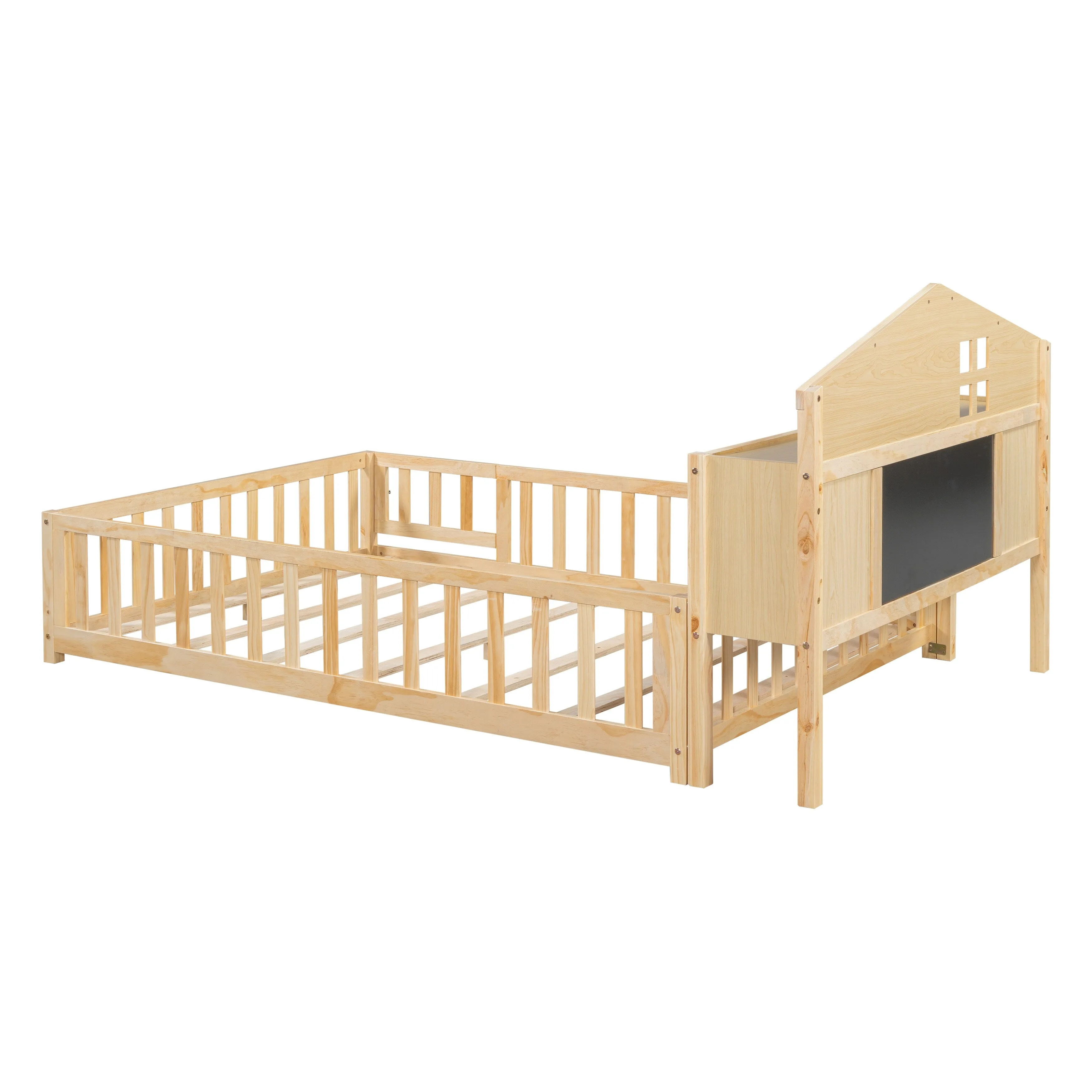 Full-Size Montessori Floor Bed with Bookcase, Blackboards and Guardrails, Solid Wood Platform Bed with Storage Headboard
