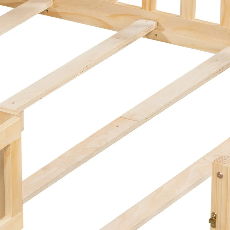 Full-Size Montessori Floor Bed with Bookcase, Blackboards and Guardrails, Solid Wood Platform Bed with Storage Headboard