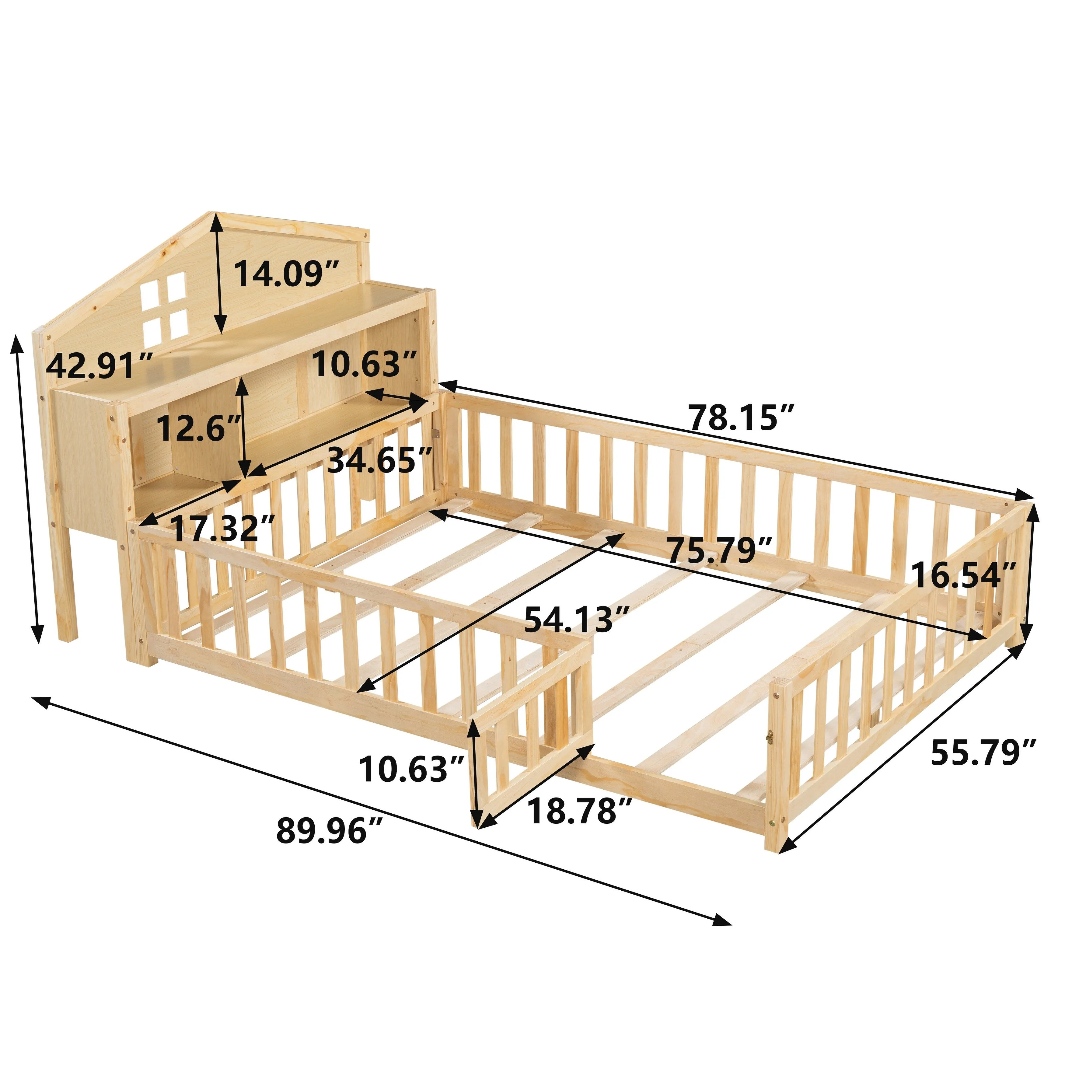 Full-Size Montessori Floor Bed with Bookcase, Blackboards and Guardrails, Solid Wood Platform Bed with Storage Headboard