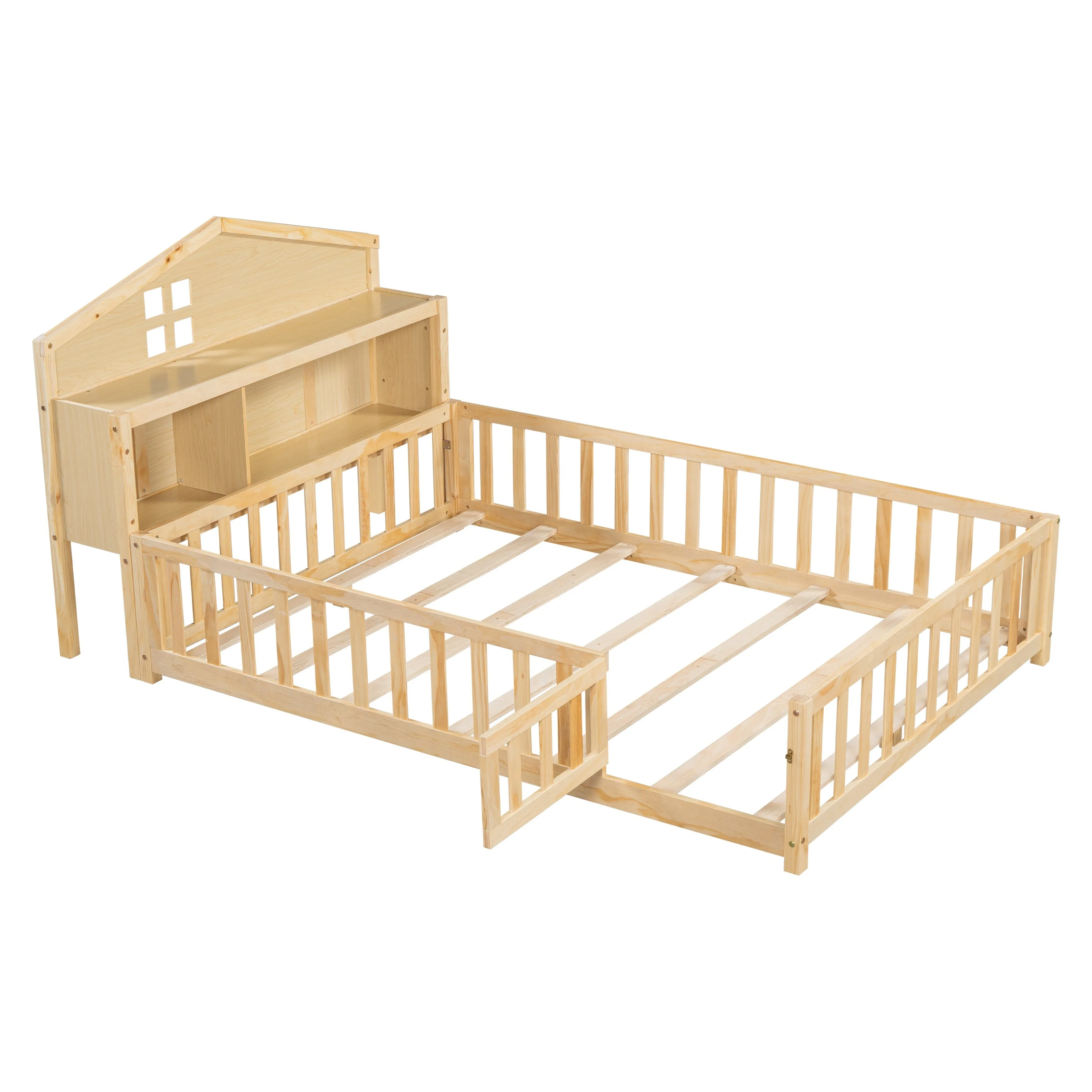 Full-Size Montessori Floor Bed with Bookcase, Blackboards and Guardrails, Solid Wood Platform Bed with Storage Headboard
