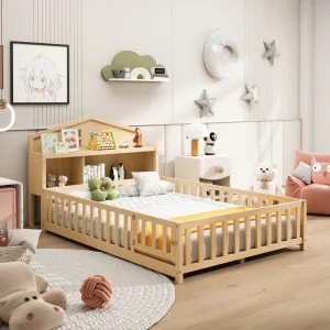 Full-Size Montessori Floor Bed with Bookcase, Blackboards and Guardrails, Solid Wood Platform Bed with Storage Headboard