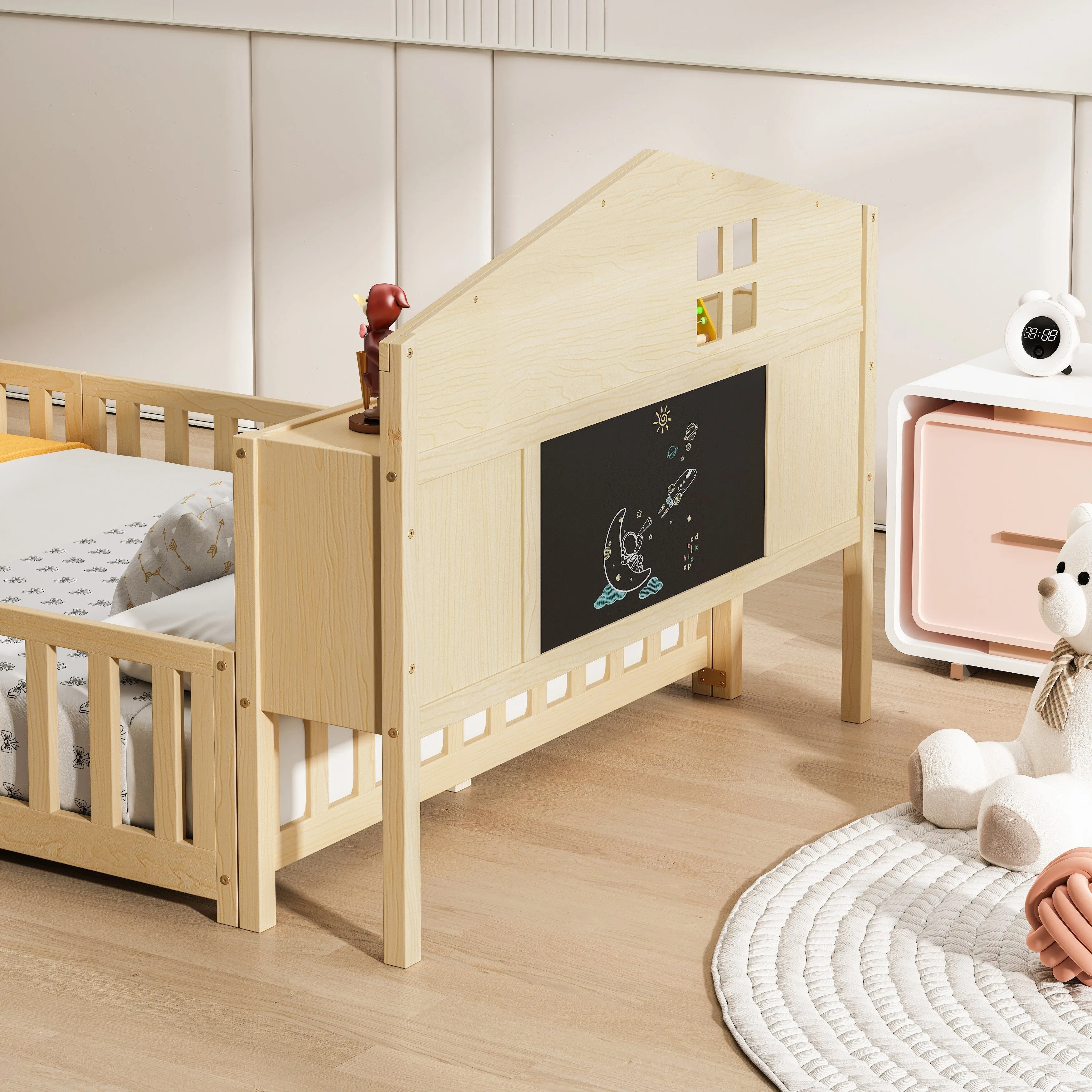 Full-Size Montessori Floor Bed with Bookcase, Blackboards and Guardrails, Solid Wood Platform Bed with Storage Headboard