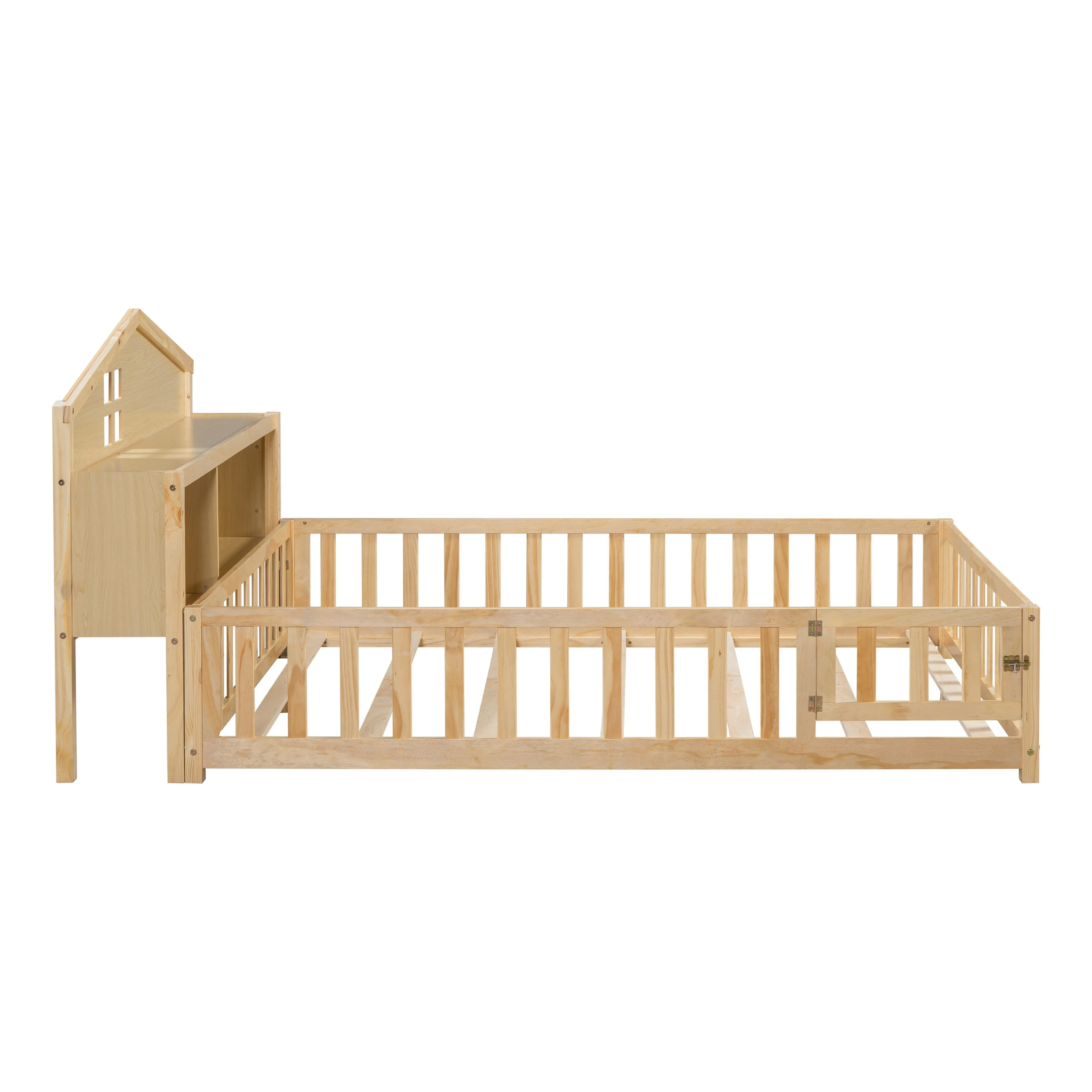 Full-Size Montessori Floor Bed with Bookcase, Blackboards and Guardrails, Solid Wood Platform Bed with Storage Headboard