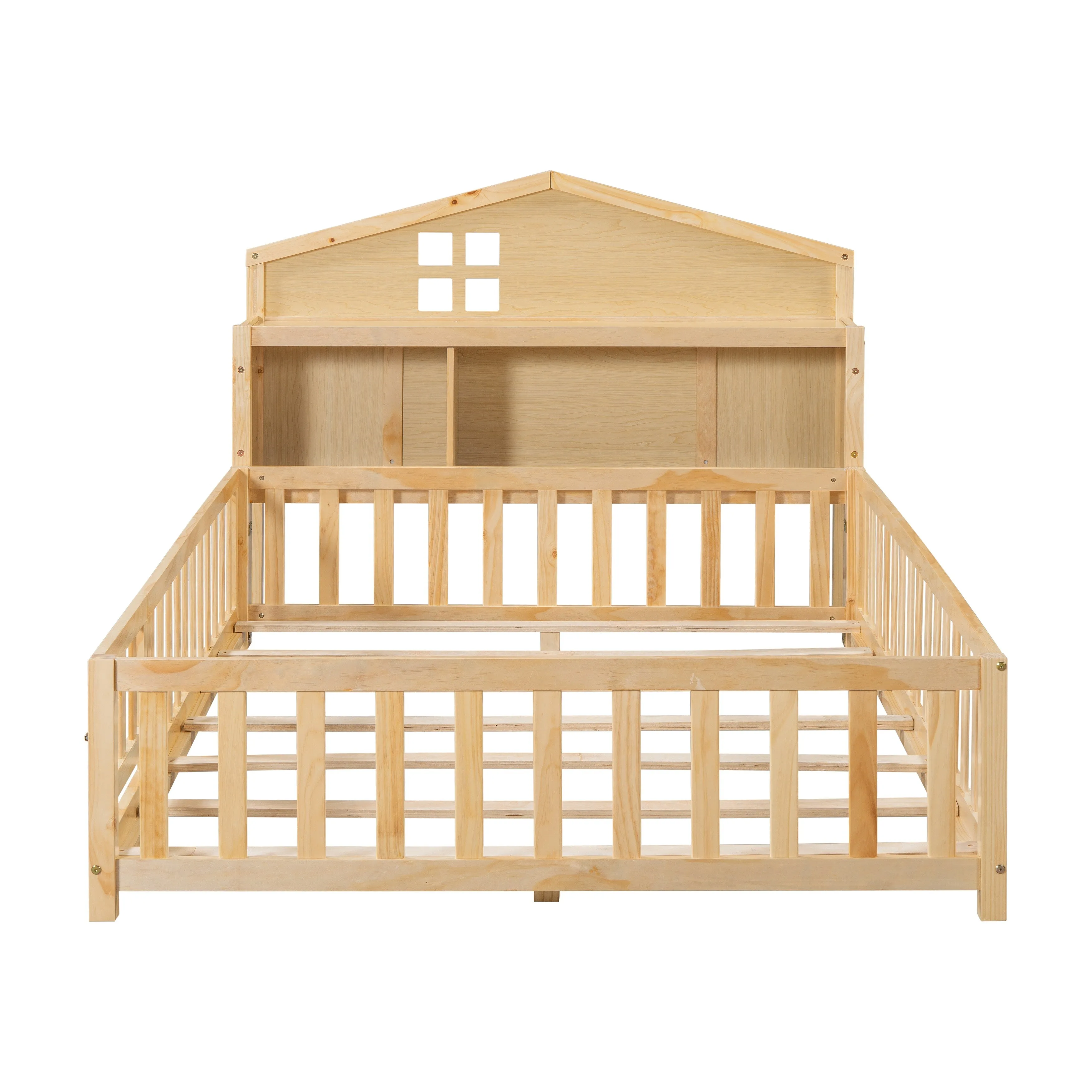 Full-Size Montessori Floor Bed with Bookcase, Blackboards and Guardrails, Solid Wood Platform Bed with Storage Headboard