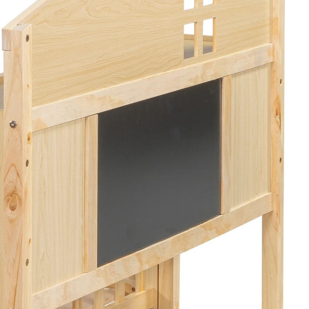 Full-Size Montessori Floor Bed with Bookcase, Blackboards and Guardrails, Solid Wood Platform Bed with Storage Headboard