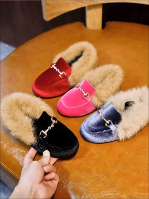 Girls Velvet Faux Fur Loafers By Liv and Mia