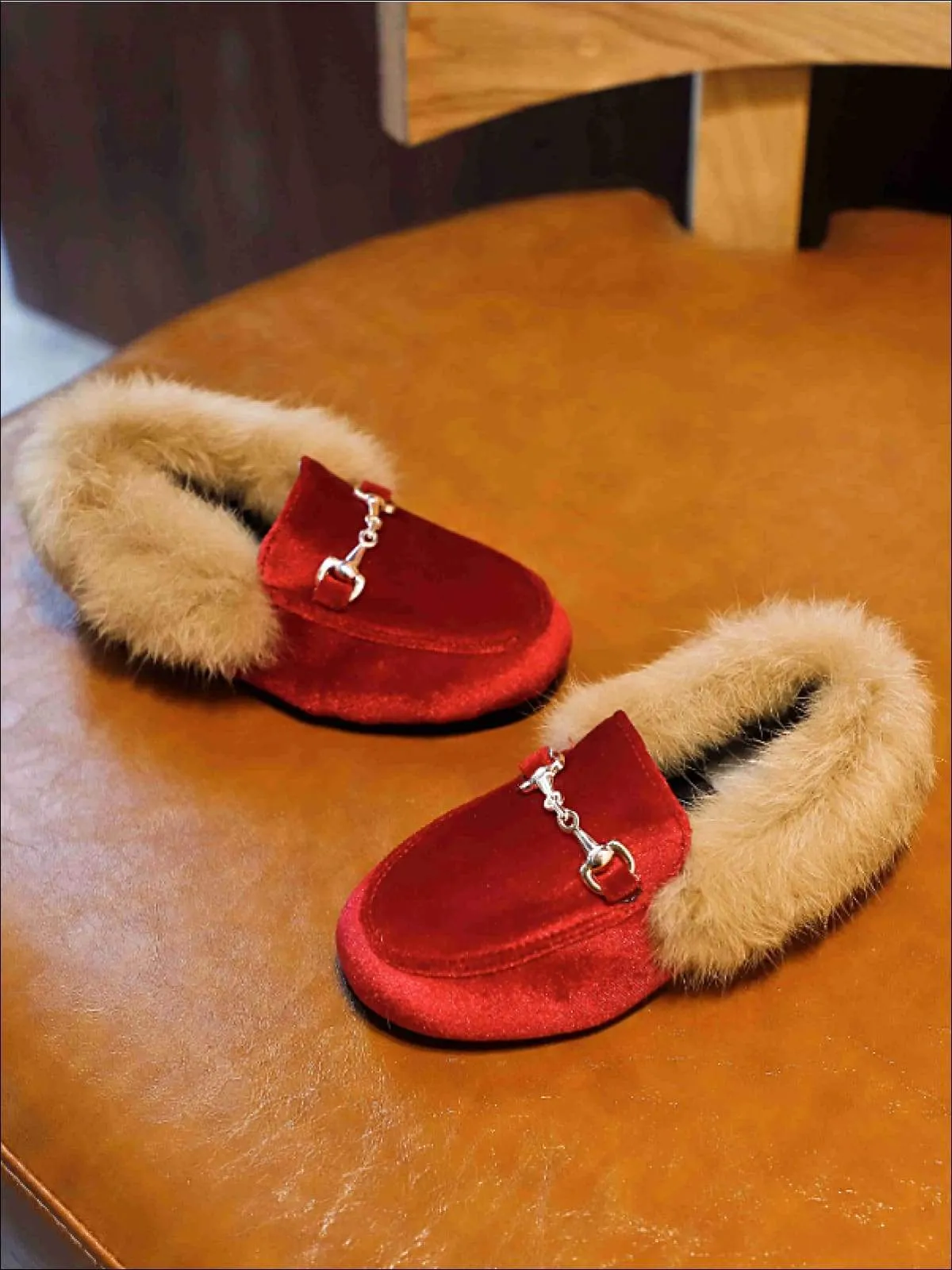 Girls Velvet Faux Fur Loafers By Liv and Mia