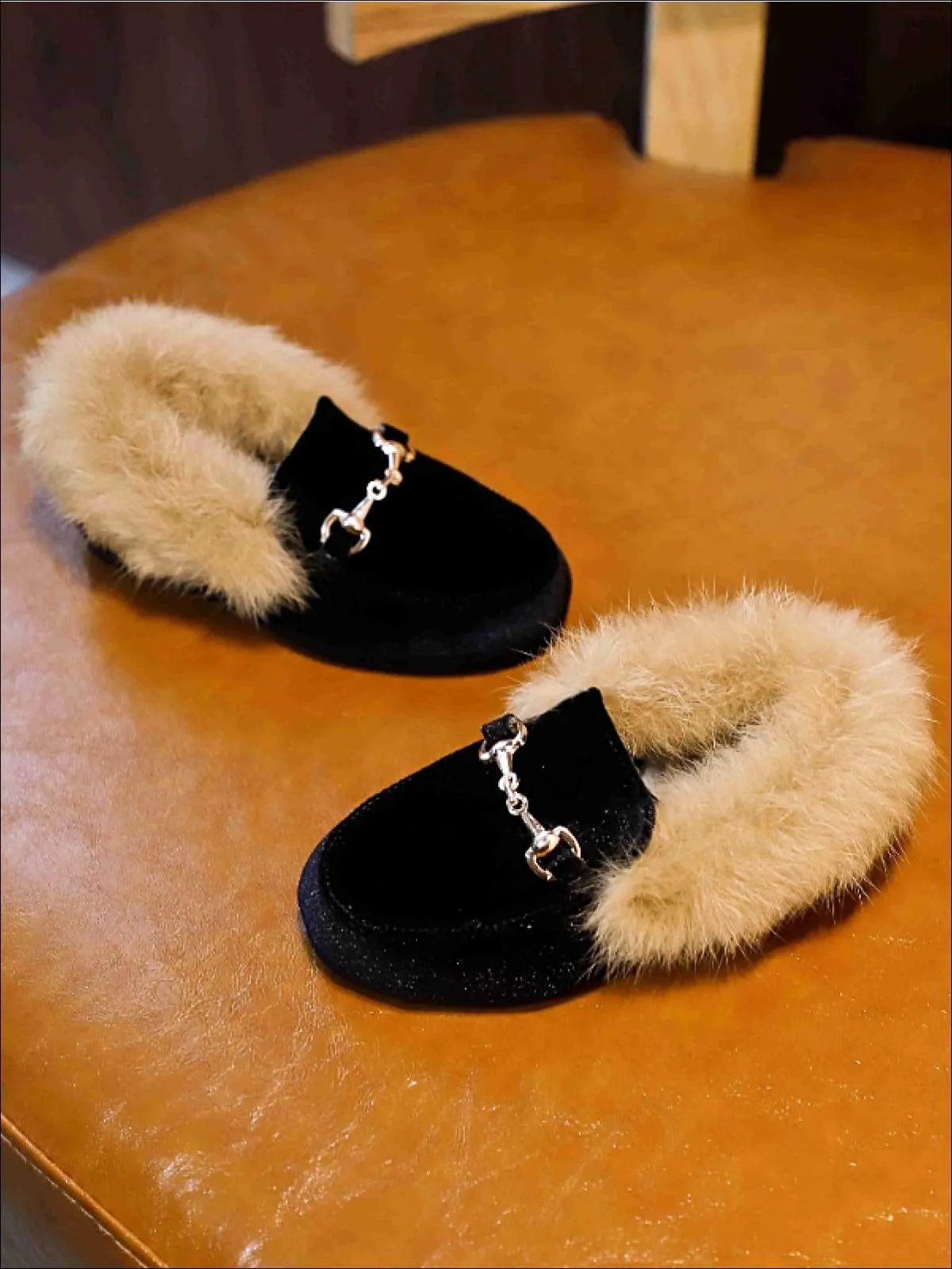 Girls Velvet Faux Fur Loafers By Liv and Mia