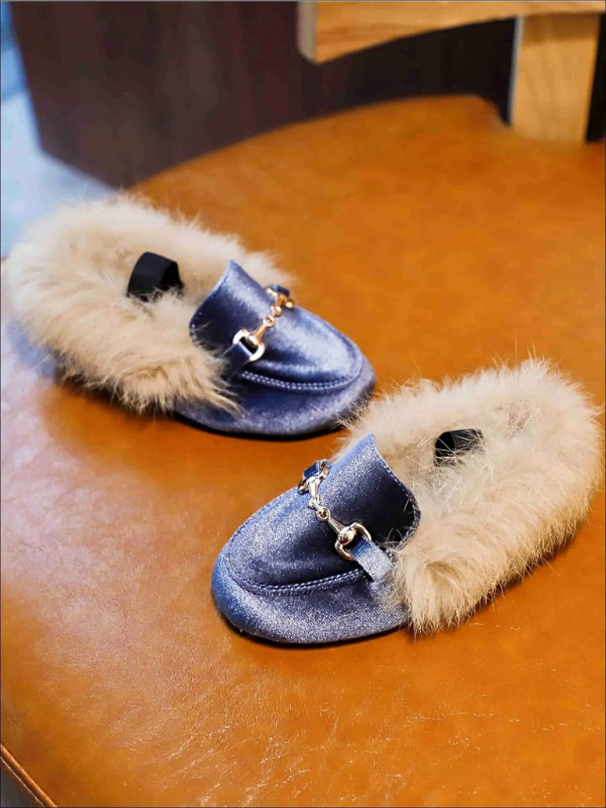 Girls Velvet Faux Fur Loafers By Liv and Mia
