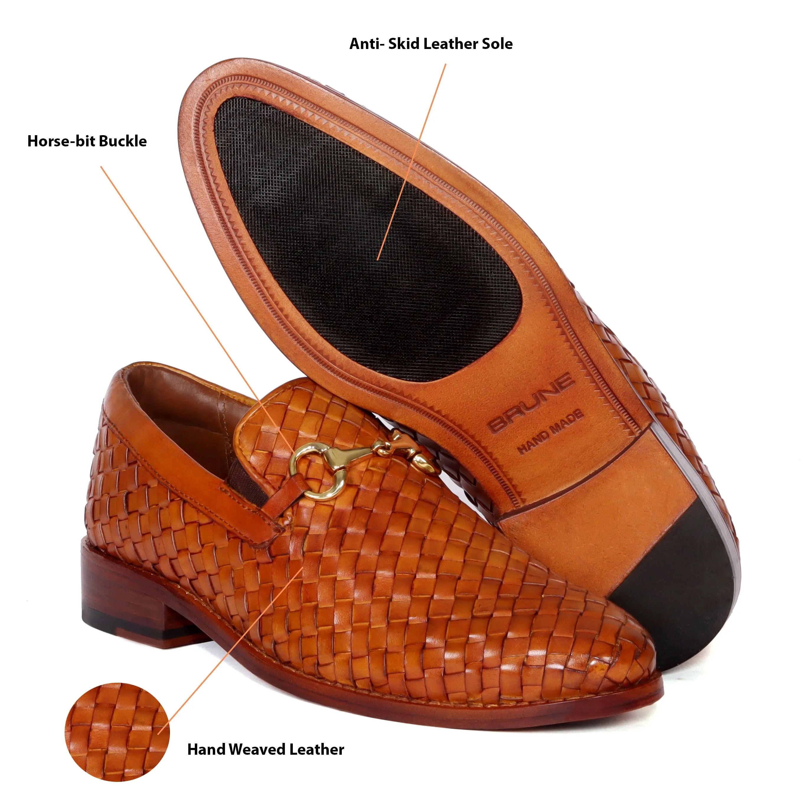 Hand Weaved Leather Loafer with Horse-bit Buckle Detailing