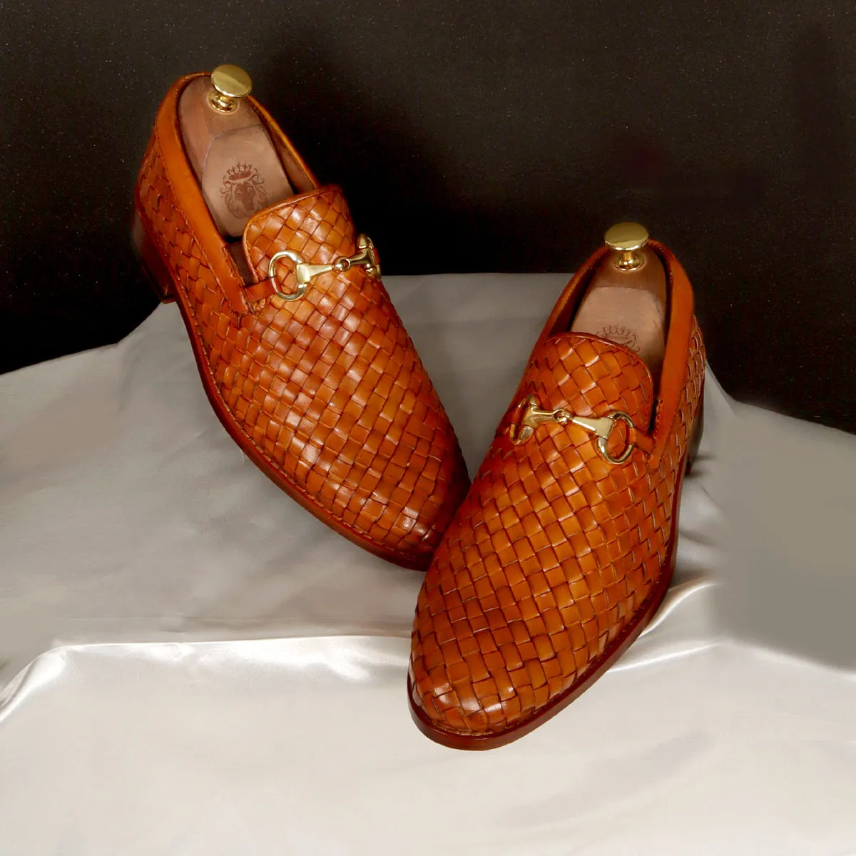Hand Weaved Leather Loafer with Horse-bit Buckle Detailing