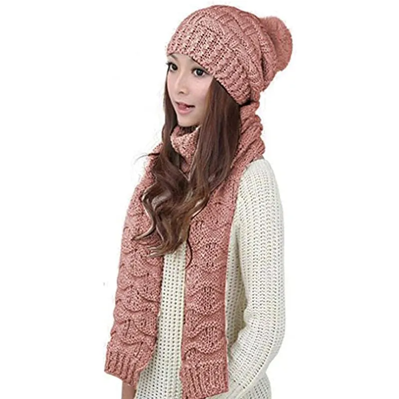 HANERDUN Women Girls Fashion Winter Warm Knitted Hat Beanie Hat Scarf Set