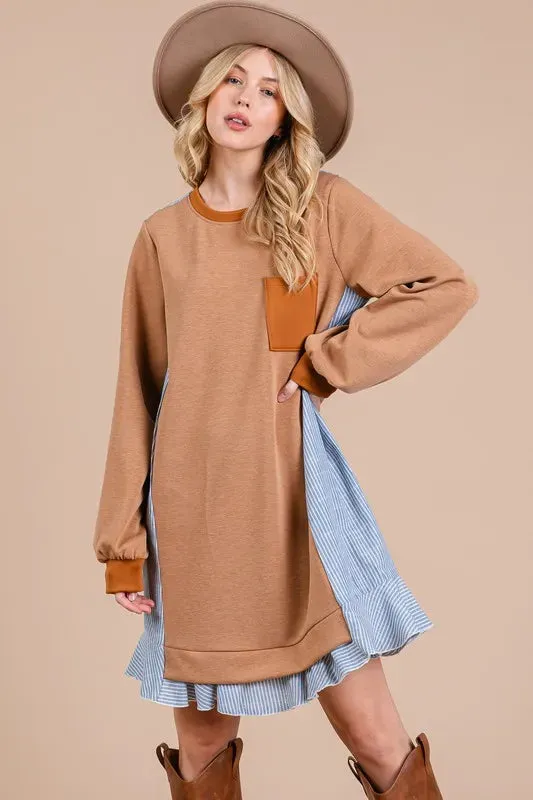 New Striped Patchwork Round Neck Terry Sweatshirt Dress For Women – Casual Trendy Dress, Cozy and Comfortable