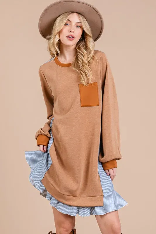 New Striped Patchwork Round Neck Terry Sweatshirt Dress For Women – Casual Trendy Dress, Cozy and Comfortable