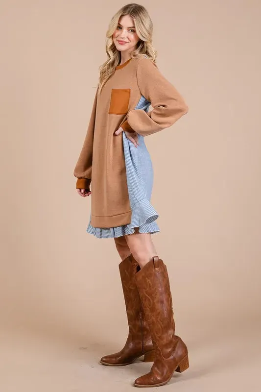 New Striped Patchwork Round Neck Terry Sweatshirt Dress For Women – Casual Trendy Dress, Cozy and Comfortable