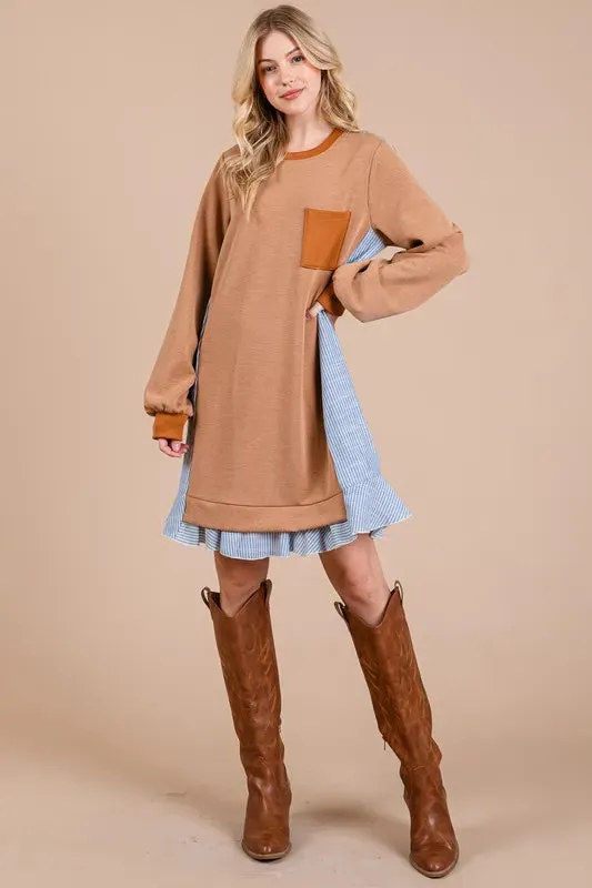New Striped Patchwork Round Neck Terry Sweatshirt Dress For Women – Casual Trendy Dress, Cozy and Comfortable