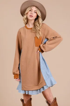 New Striped Patchwork Round Neck Terry Sweatshirt Dress For Women – Casual Trendy Dress, Cozy and Comfortable
